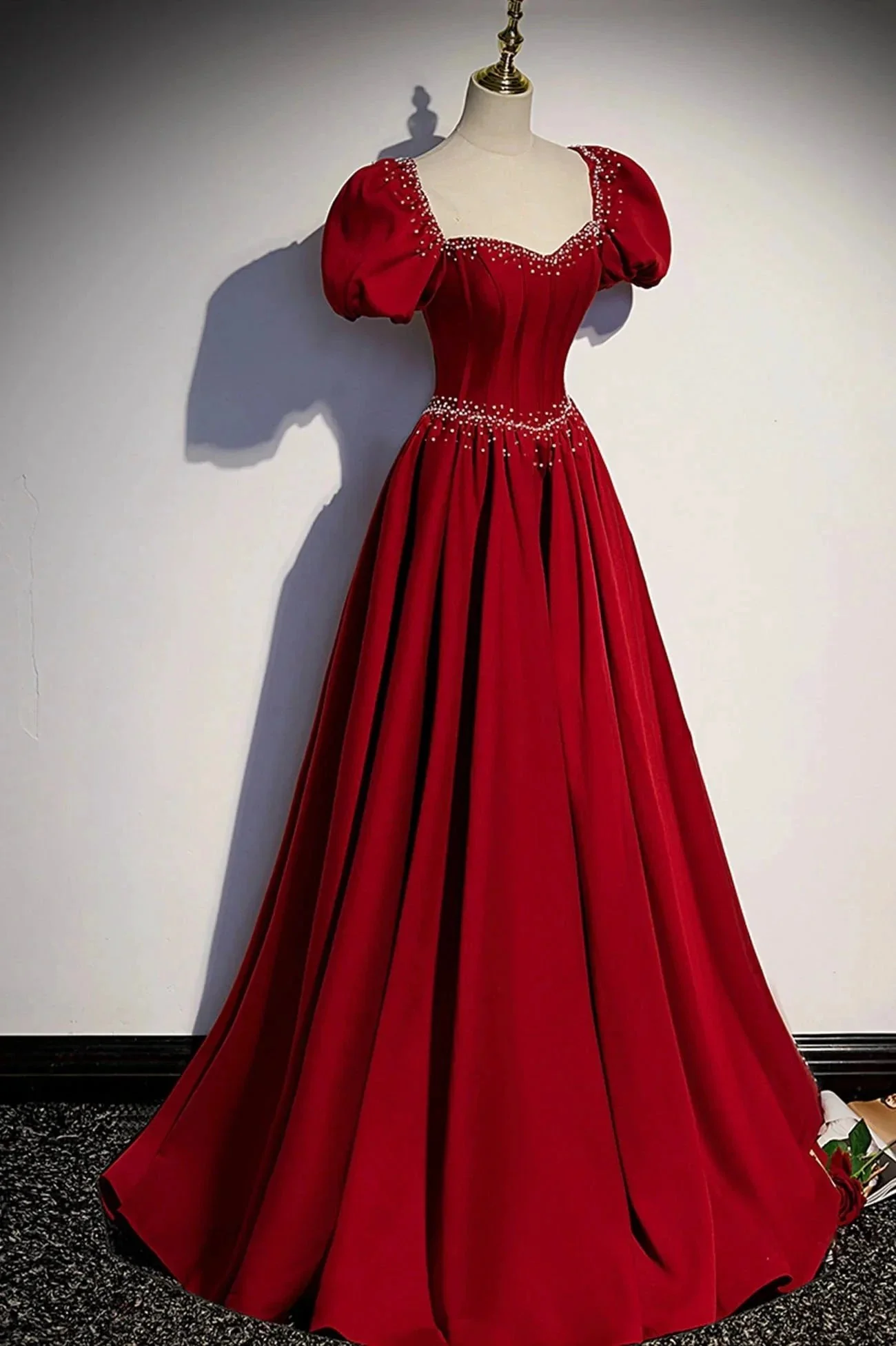 Burgundy A-line satin long prom dress evening dress s85 - Image 2