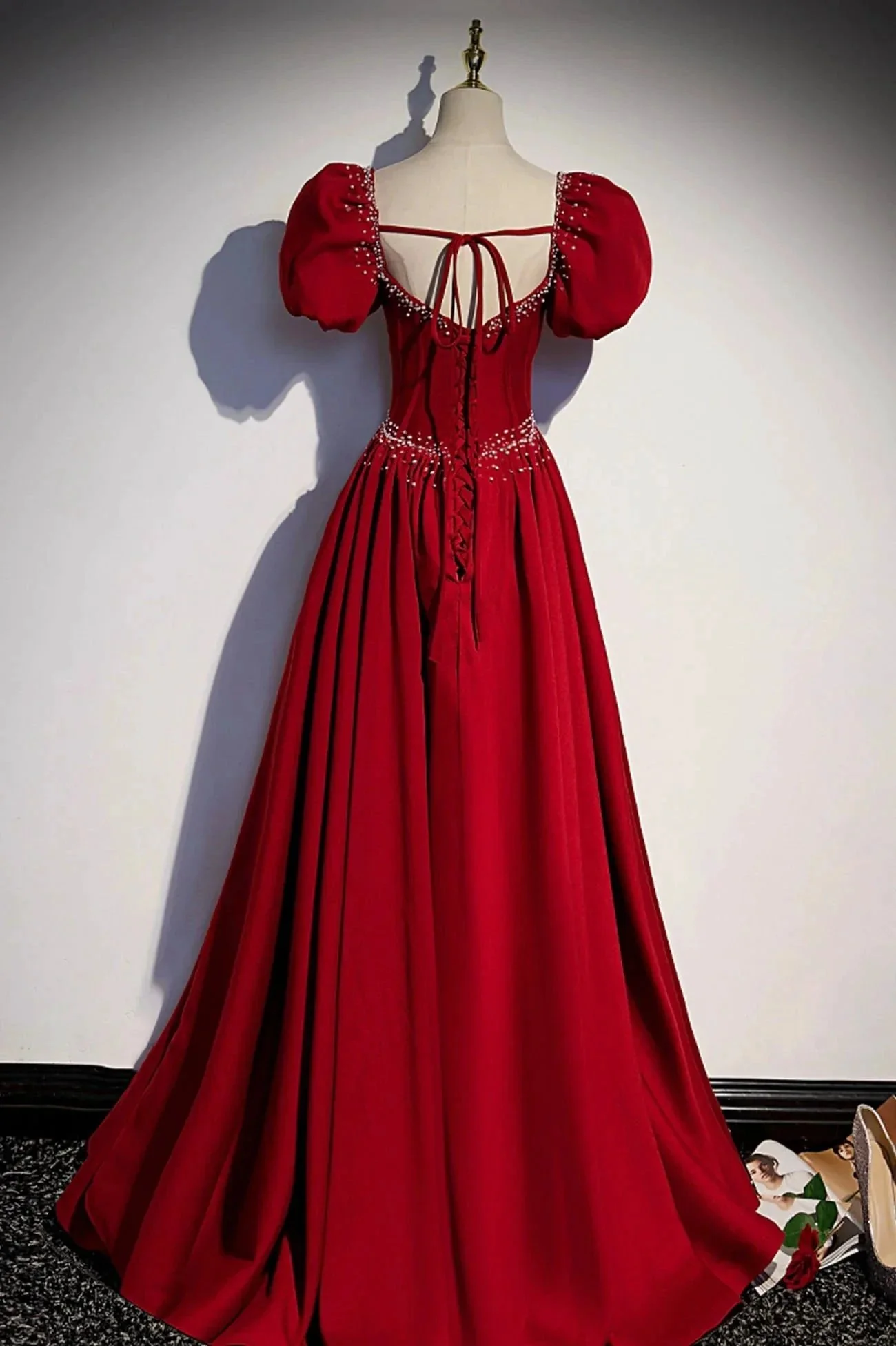 Burgundy A-line satin long prom dress evening dress s85 - Image 3