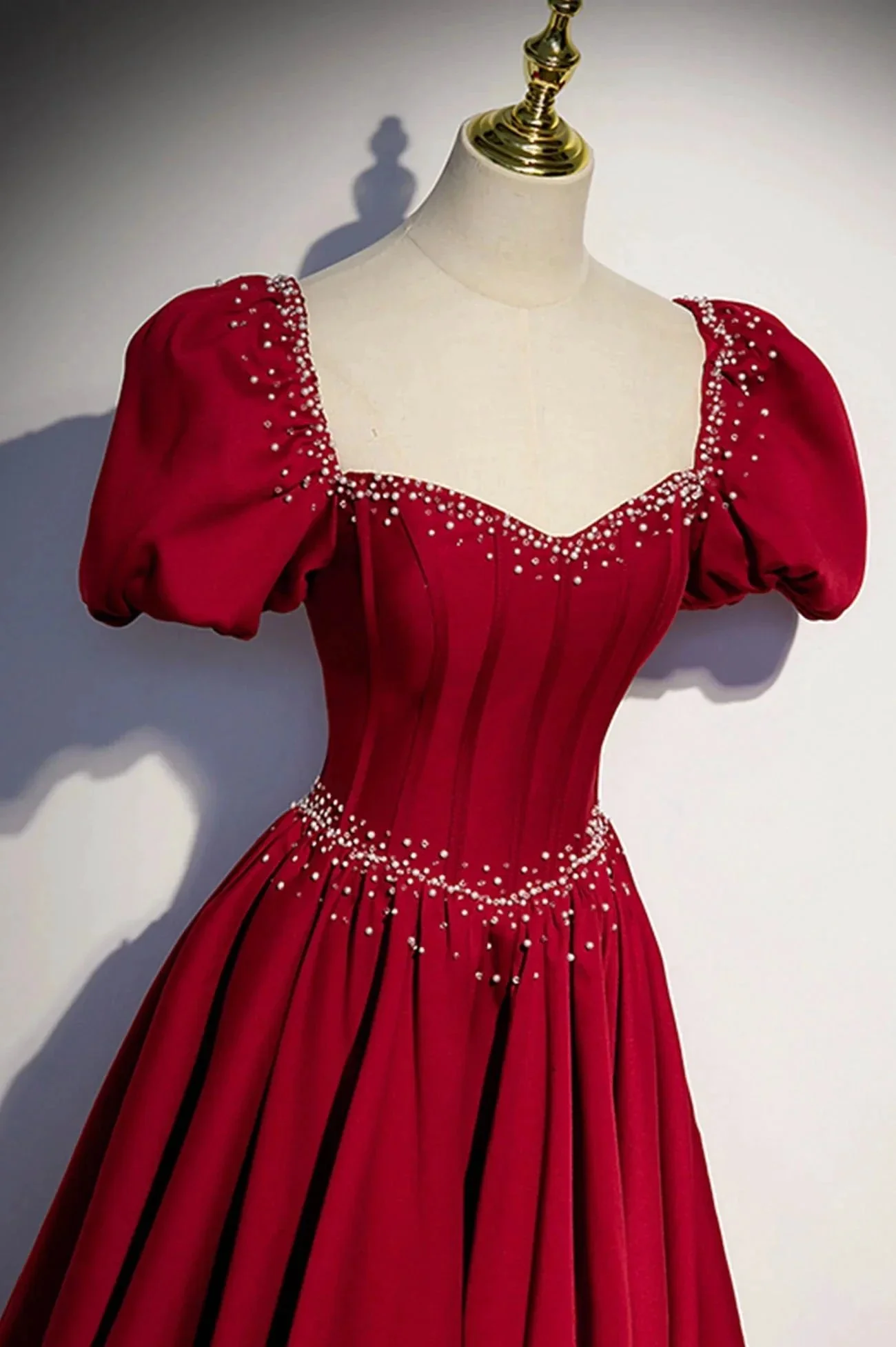 Burgundy A-line satin long prom dress evening dress s85 - Image 4