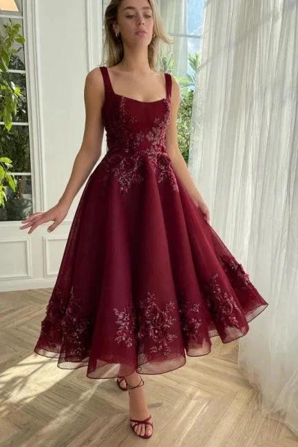 Burgundy Ankle length square neck Homecoming Dress - Image 2