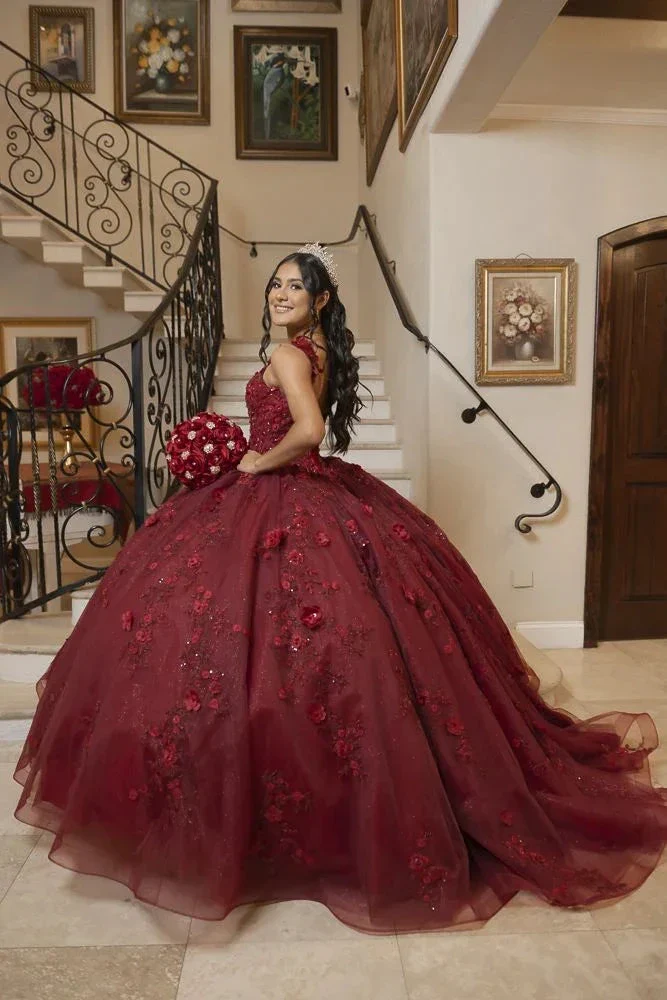 Burgundy Ball Gown With Flowers,Sweet 16 Dress, Burgundy Quinceanera Dress  Y2345 - Image 2