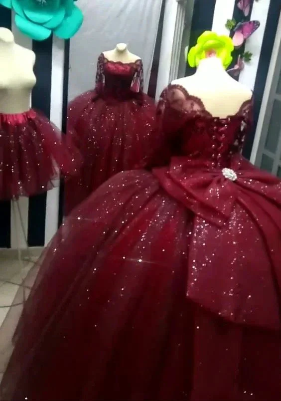 Burgundy Ball Gowns Off the Shoulder Prom Dresses Quinceanera Dresses Y6953 - Image 2