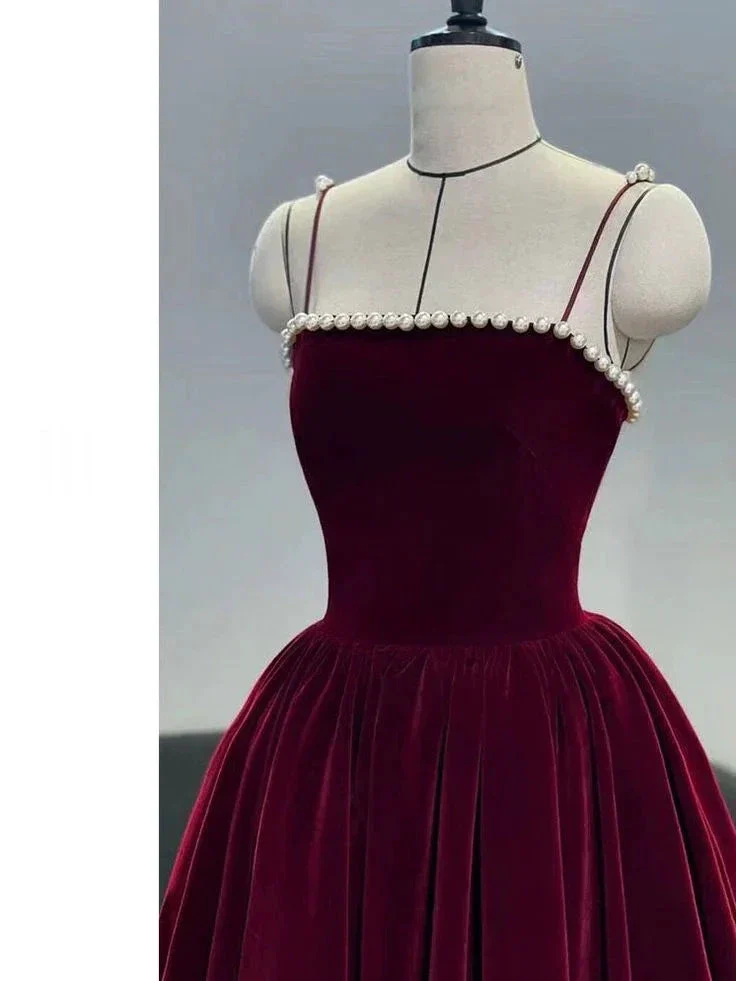 Burgundy Beaded Velvet Prom Dress Spaghetti Strap Mid Long Evening Dress Y4631 - Image 2