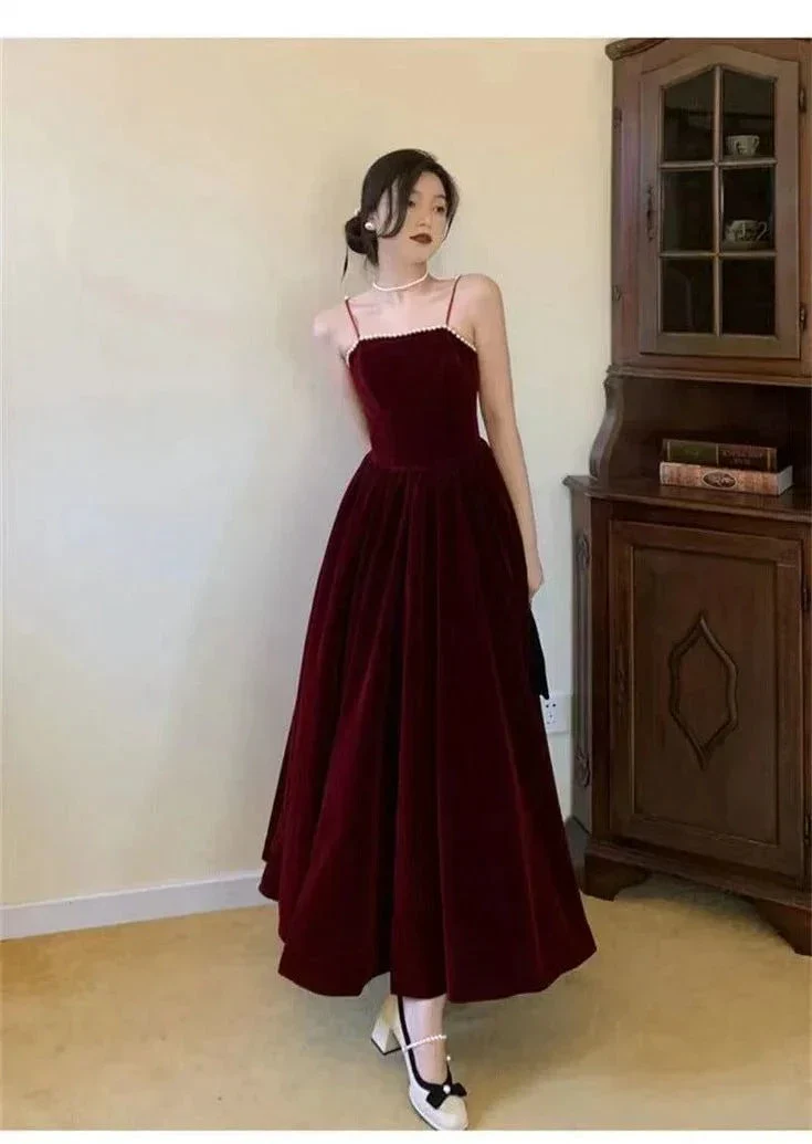 Burgundy Beaded Velvet Prom Dress Spaghetti Strap Mid Long Evening Dress Y4631 - Image 3