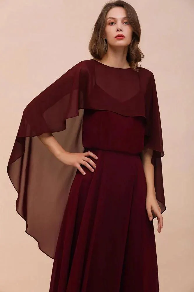 Burgundy Bridesmaid Dresses Spaghetti Straps Chiffon Floor Length Wedding Guest Dress with Back Cape Wraps - Image 2