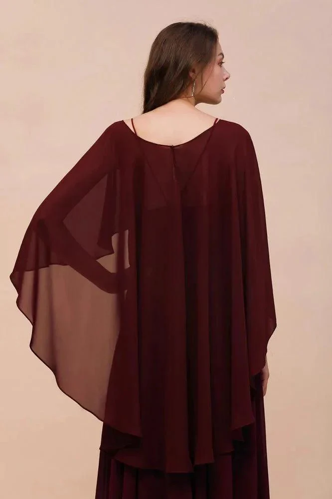 Burgundy Bridesmaid Dresses Spaghetti Straps Chiffon Floor Length Wedding Guest Dress with Back Cape Wraps - Image 3