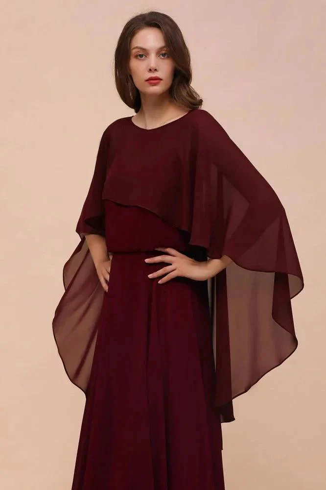 Burgundy Bridesmaid Dresses Spaghetti Straps Chiffon Floor Length Wedding Guest Dress with Back Cape Wraps - Image 4