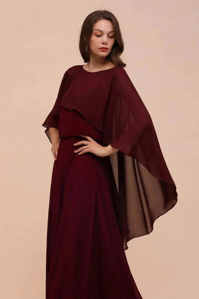 Burgundy Bridesmaid Dresses Spaghetti Straps Chiffon Floor Length Wedding Guest Dress with Back Cape Wraps - Image 5
