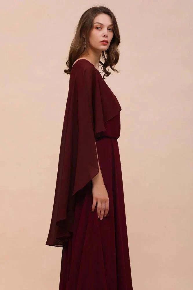 Burgundy Bridesmaid Dresses Spaghetti Straps Chiffon Floor Length Wedding Guest Dress with Back Cape Wraps - Image 6