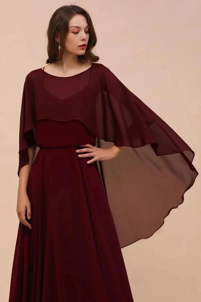 Burgundy Bridesmaid Dresses Spaghetti Straps Chiffon Floor Length Wedding Guest Dress with Back Cape Wraps - Image 7