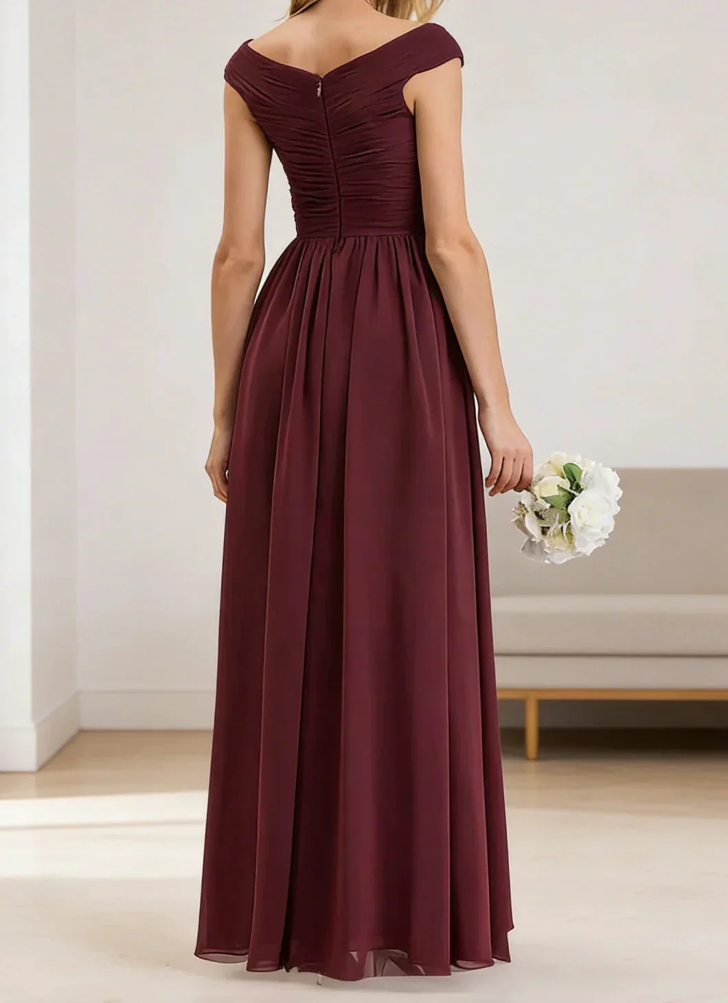 Burgundy Chiffon Off Shoulder Bridesmaid Gown - Image 2