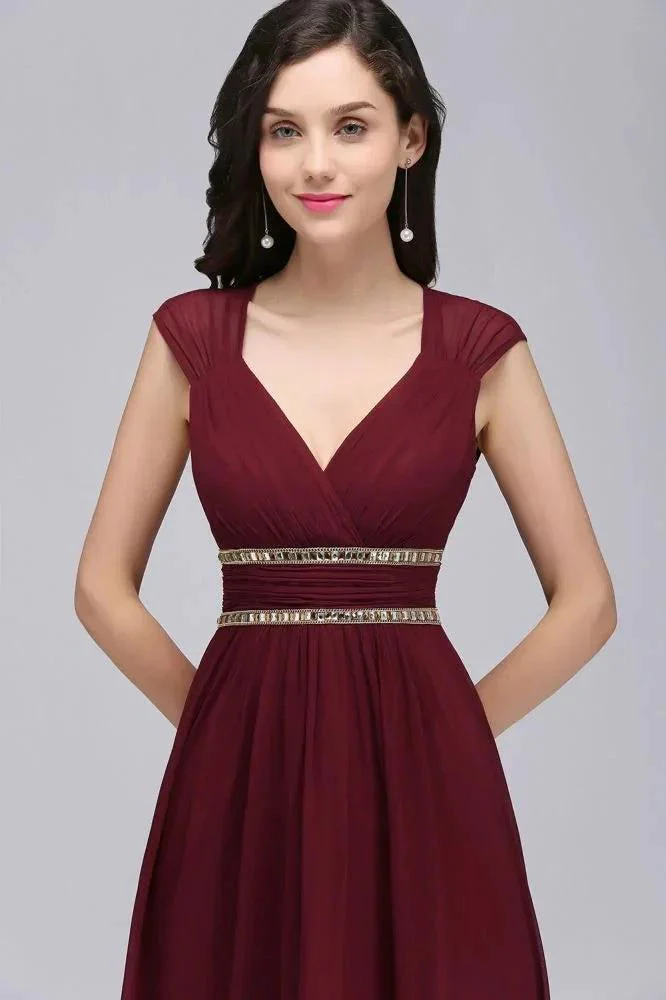 Burgundy Chiffon Sheath V Neck Long Evening Dresses - Image 10