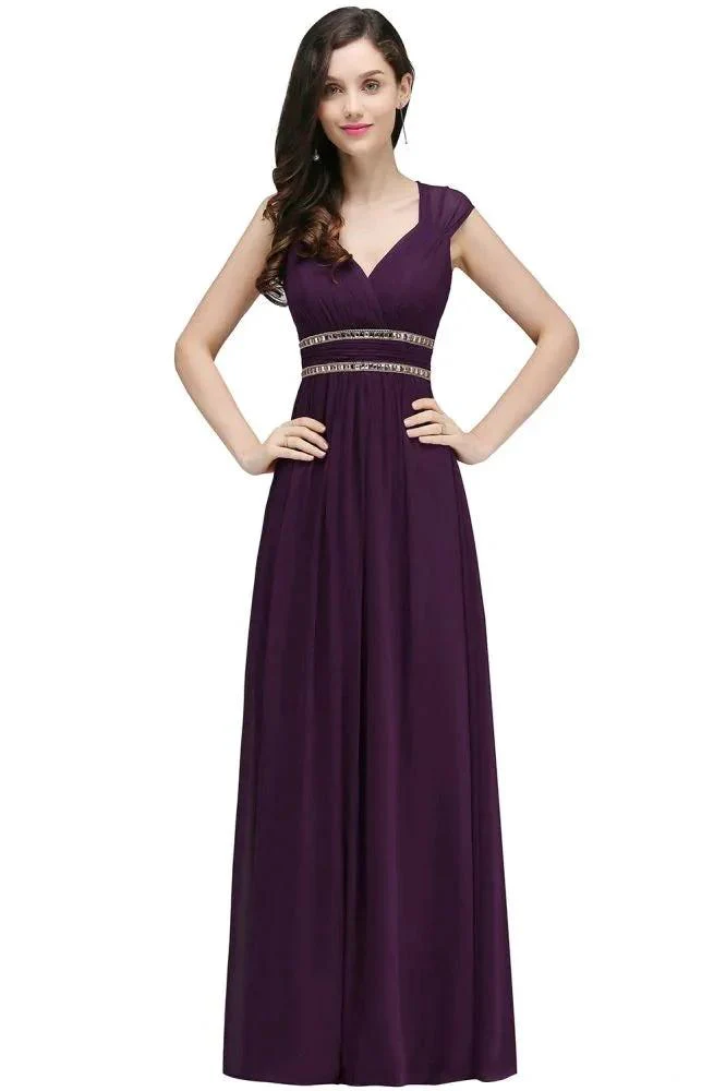 Burgundy Chiffon Sheath V Neck Long Evening Dresses - Image 3