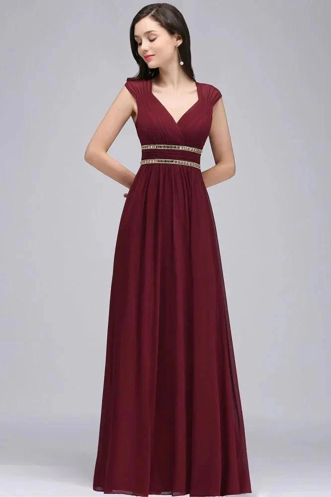 Burgundy Chiffon Sheath V Neck Long Evening Dresses - Image 8