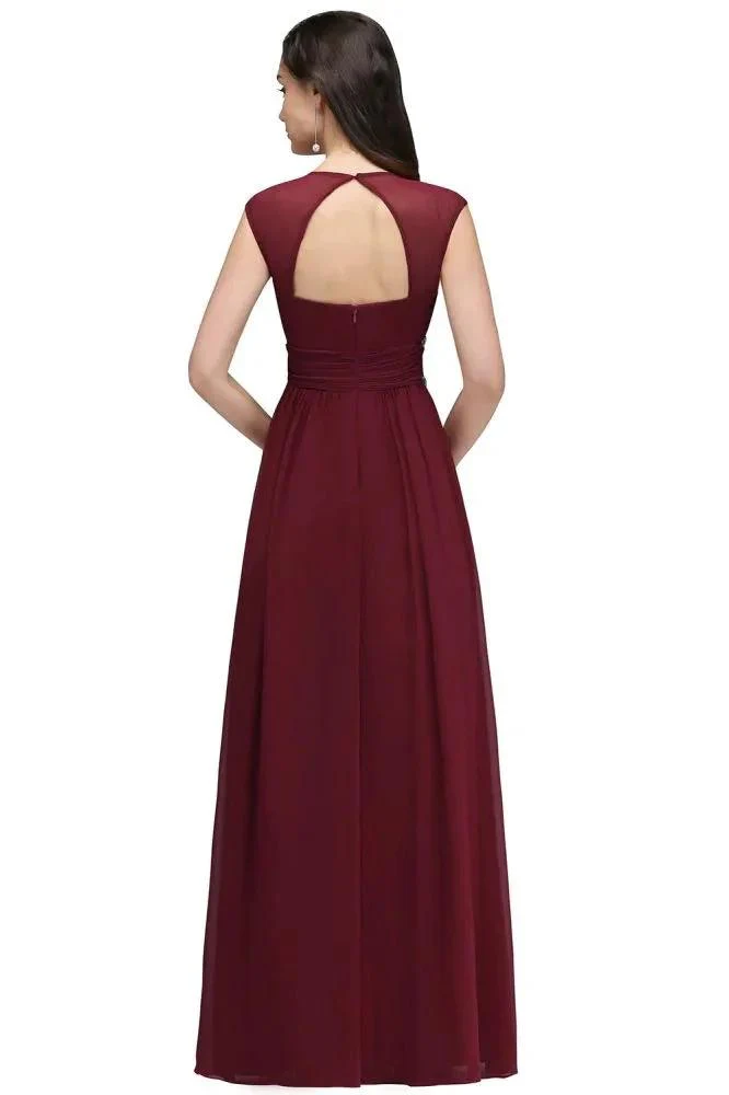 Burgundy Chiffon Sheath V Neck Long Evening Dresses - Image 9