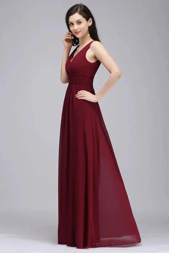 Burgundy Chiffon Sheath V Neck Long Evening Dresses - Image 2