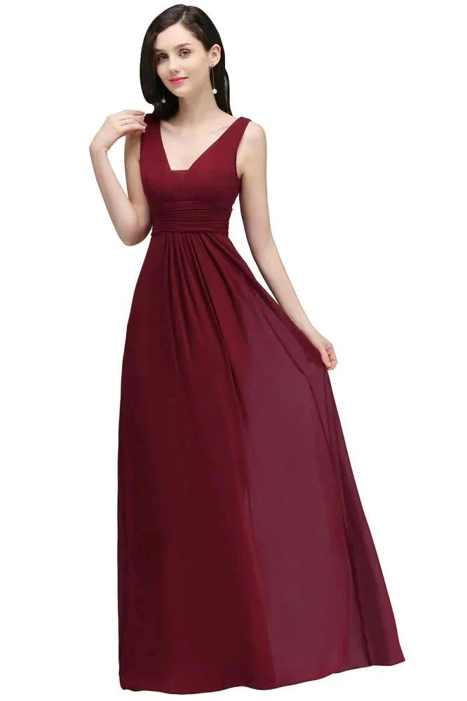 Burgundy Chiffon Sheath V Neck Long Evening Dresses - Image 3