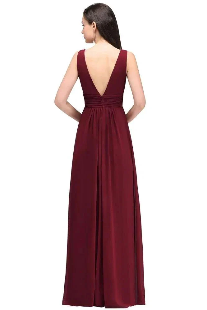 Burgundy Chiffon Sheath V Neck Long Evening Dresses - Image 4