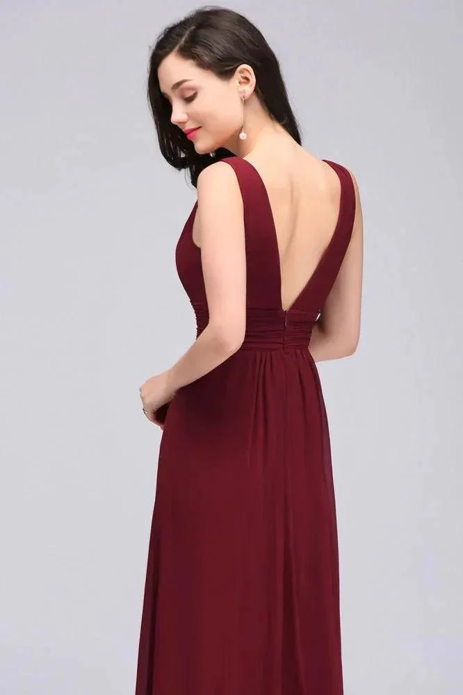 Burgundy Chiffon Sheath V Neck Long Evening Dresses - Image 5