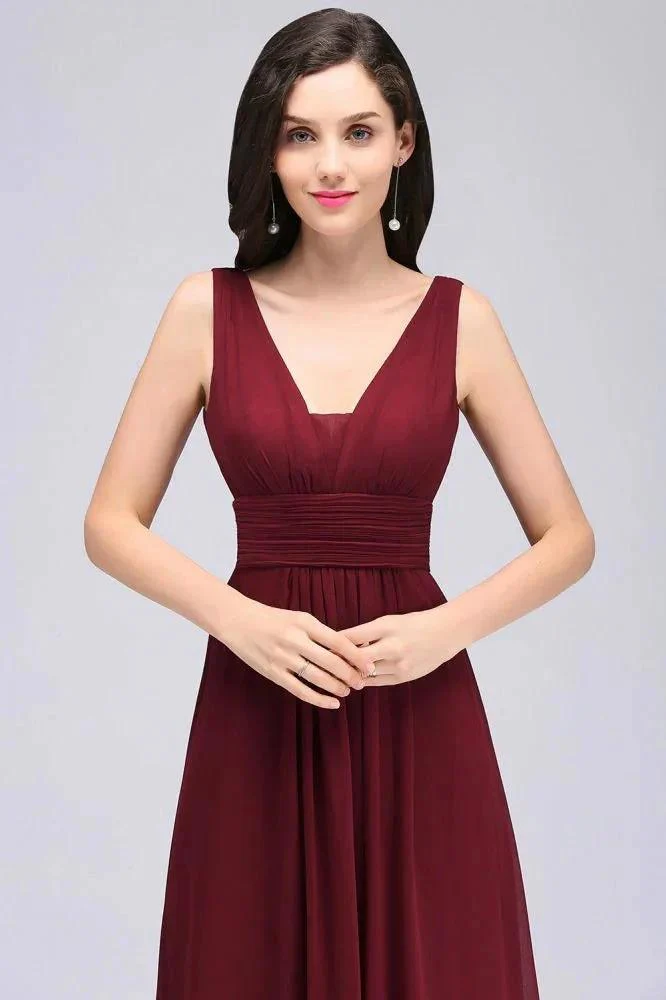 Burgundy Chiffon Sheath V Neck Long Evening Dresses - Image 6