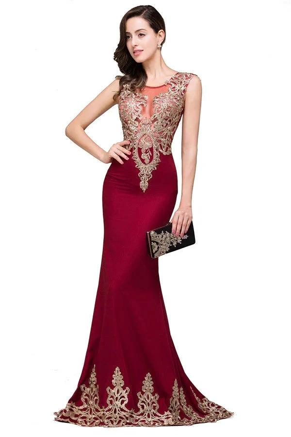 Burgundy Crew Sweep-length Mermaid Formal Dresses - Image 2