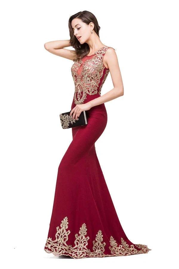 Burgundy Crew Sweep-length Mermaid Formal Dresses - Image 3