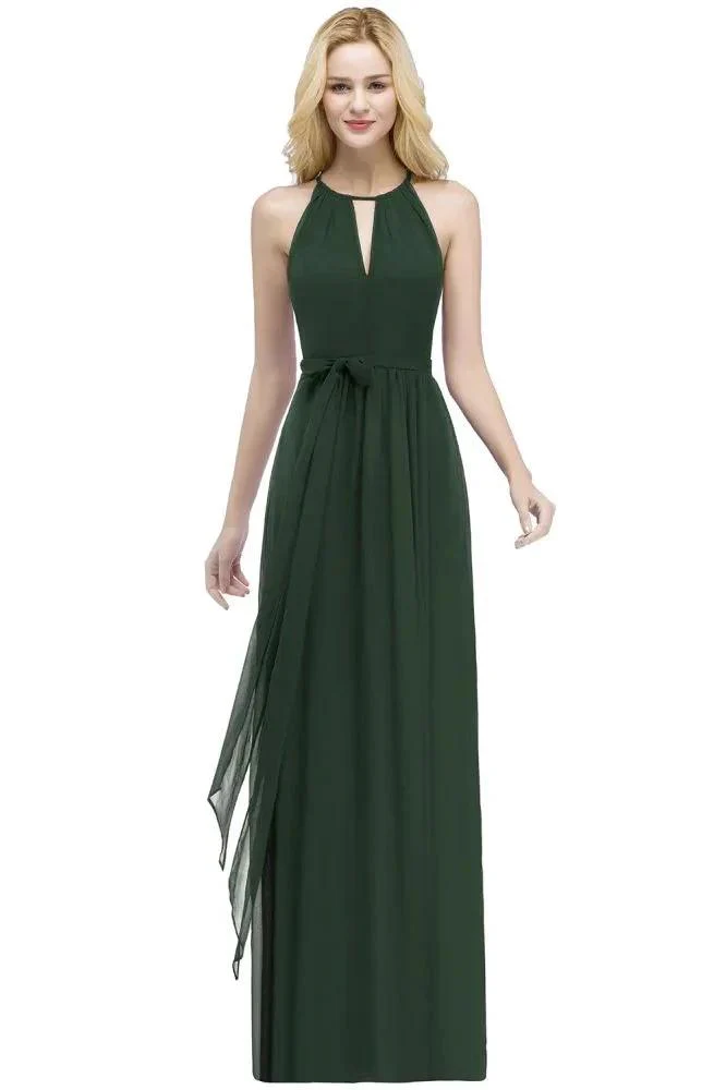 Burgundy Halter A-line Floor Length Bridesmaid Dresses with Bow Sash - Image 10