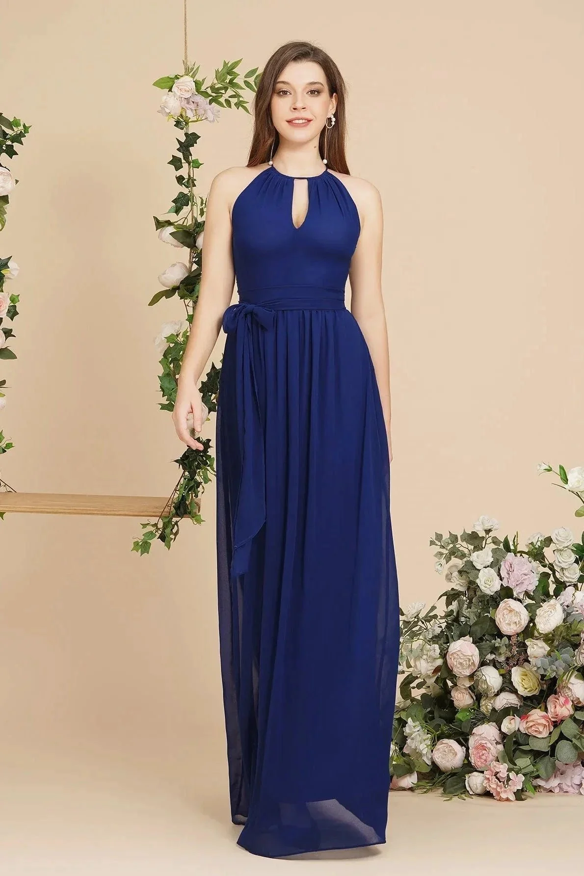 Burgundy Halter A-line Floor Length Bridesmaid Dresses with Bow Sash - Image 2