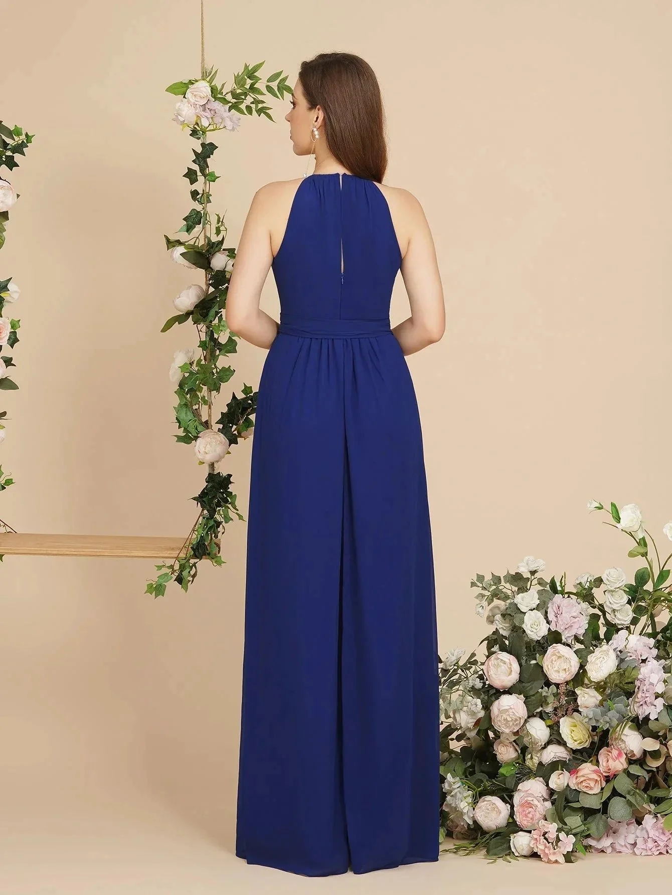Burgundy Halter A-line Floor Length Bridesmaid Dresses with Bow Sash - Image 4