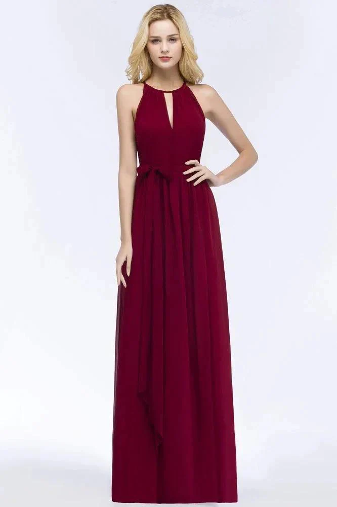 Burgundy Halter A-line Floor Length Bridesmaid Dresses with Bow Sash - Image 5