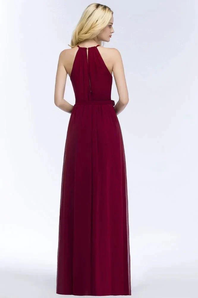 Burgundy Halter A-line Floor Length Bridesmaid Dresses with Bow Sash - Image 6