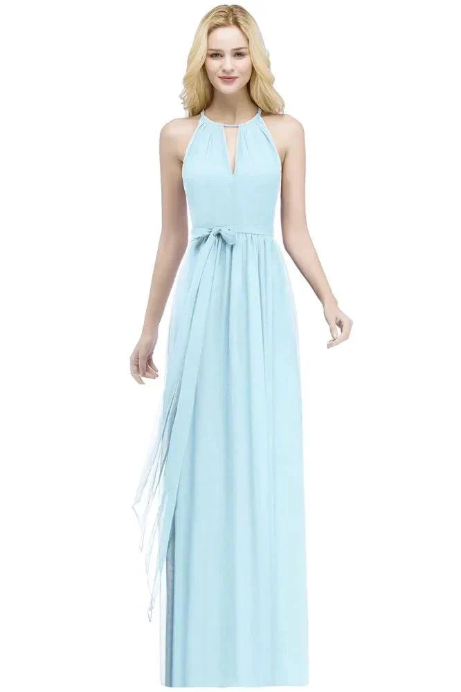 Burgundy Halter A-line Floor Length Bridesmaid Dresses with Bow Sash - Image 8