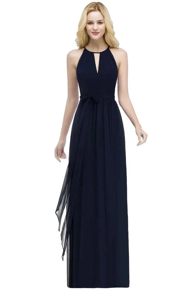 Burgundy Halter A-line Floor Length Bridesmaid Dresses with Bow Sash - Image 9