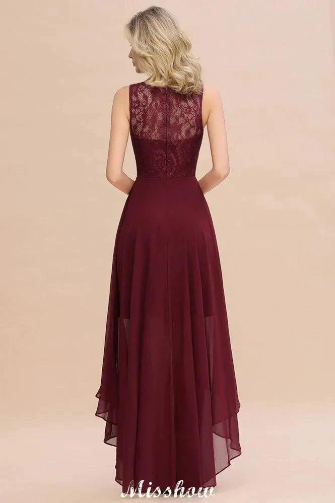 Burgundy Hi-Lo Evening Party Dress Sleeveless Lace Bridesmaid Dress - Image 2