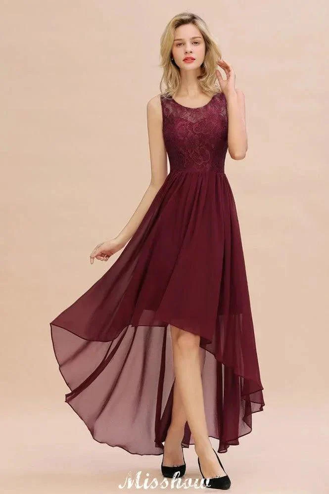 Burgundy Hi-Lo Evening Party Dress Sleeveless Lace Bridesmaid Dress - Image 3