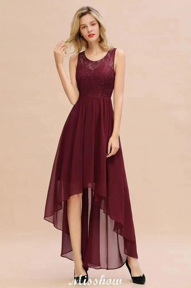Burgundy Hi-Lo Evening Party Dress Sleeveless Lace Bridesmaid Dress - Image 4