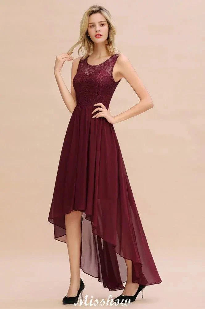 Burgundy Hi-Lo Evening Party Dress Sleeveless Lace Bridesmaid Dress - Image 5