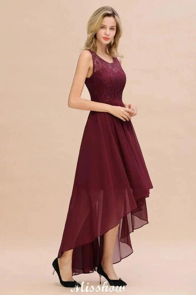Burgundy Hi-Lo Evening Party Dress Sleeveless Lace Bridesmaid Dress - Image 6