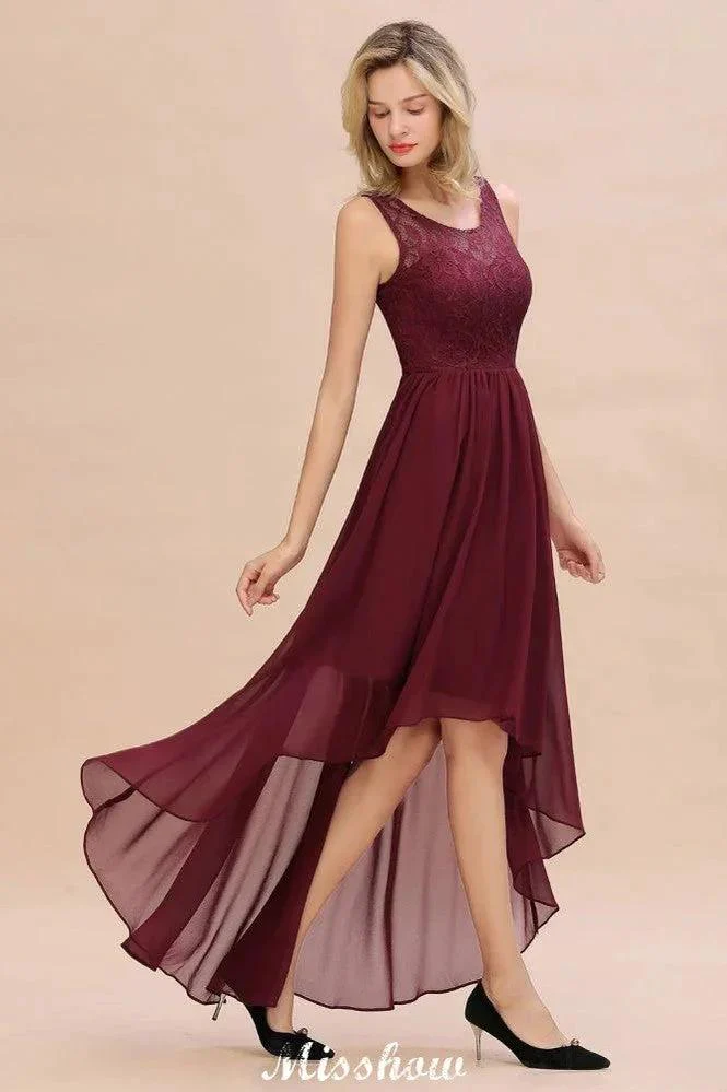 Burgundy Hi-Lo Evening Party Dress Sleeveless Lace Bridesmaid Dress - Image 7