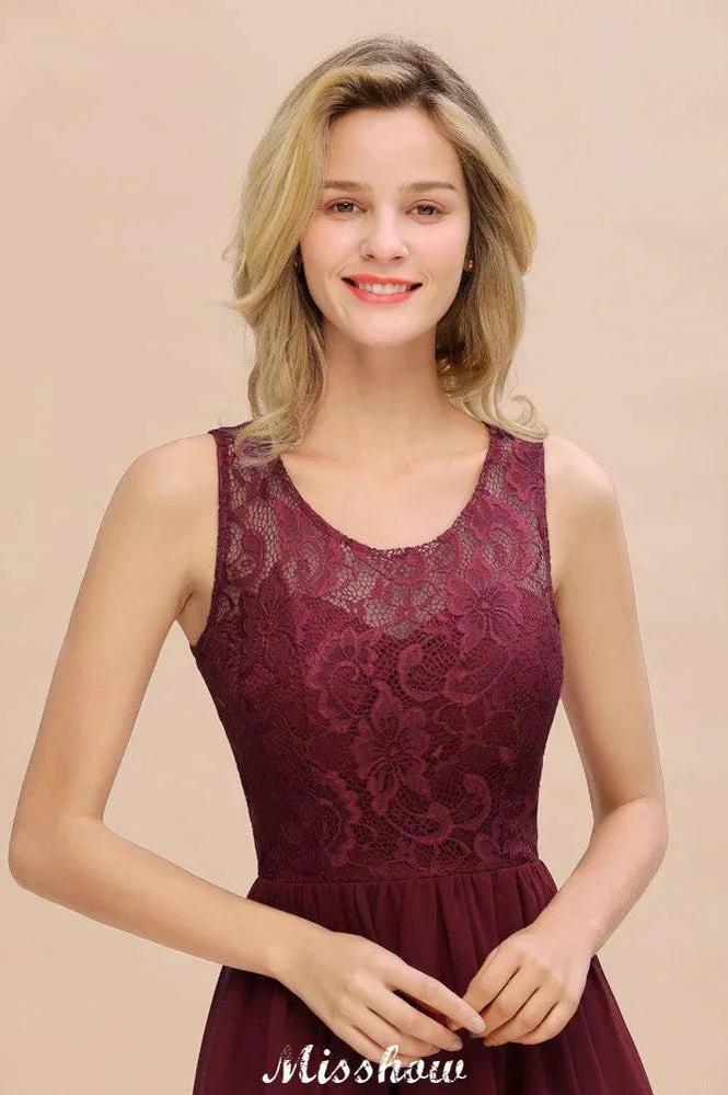 Burgundy Hi-Lo Evening Party Dress Sleeveless Lace Bridesmaid Dress - Image 8