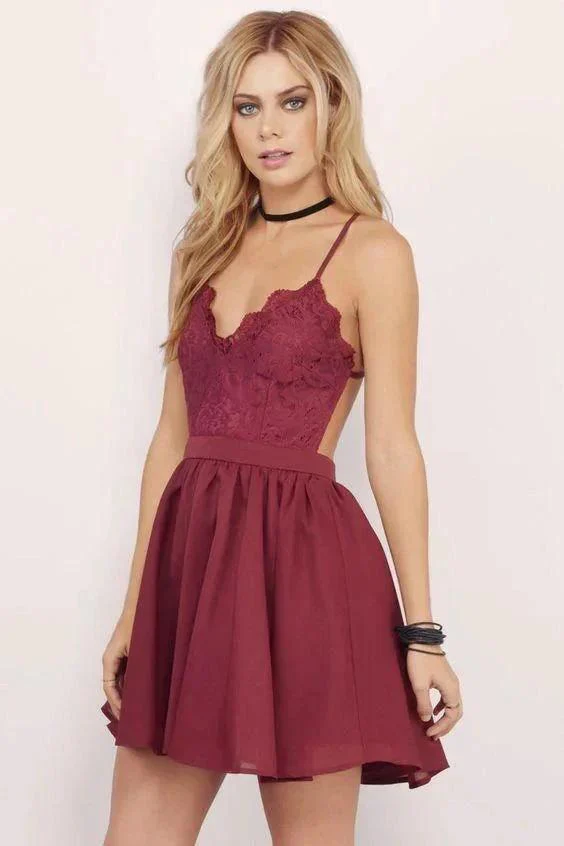 Burgundy Homecoming Dress Spaghetti Straps A-line Lace Short Prom Dress PD356 - Image 3