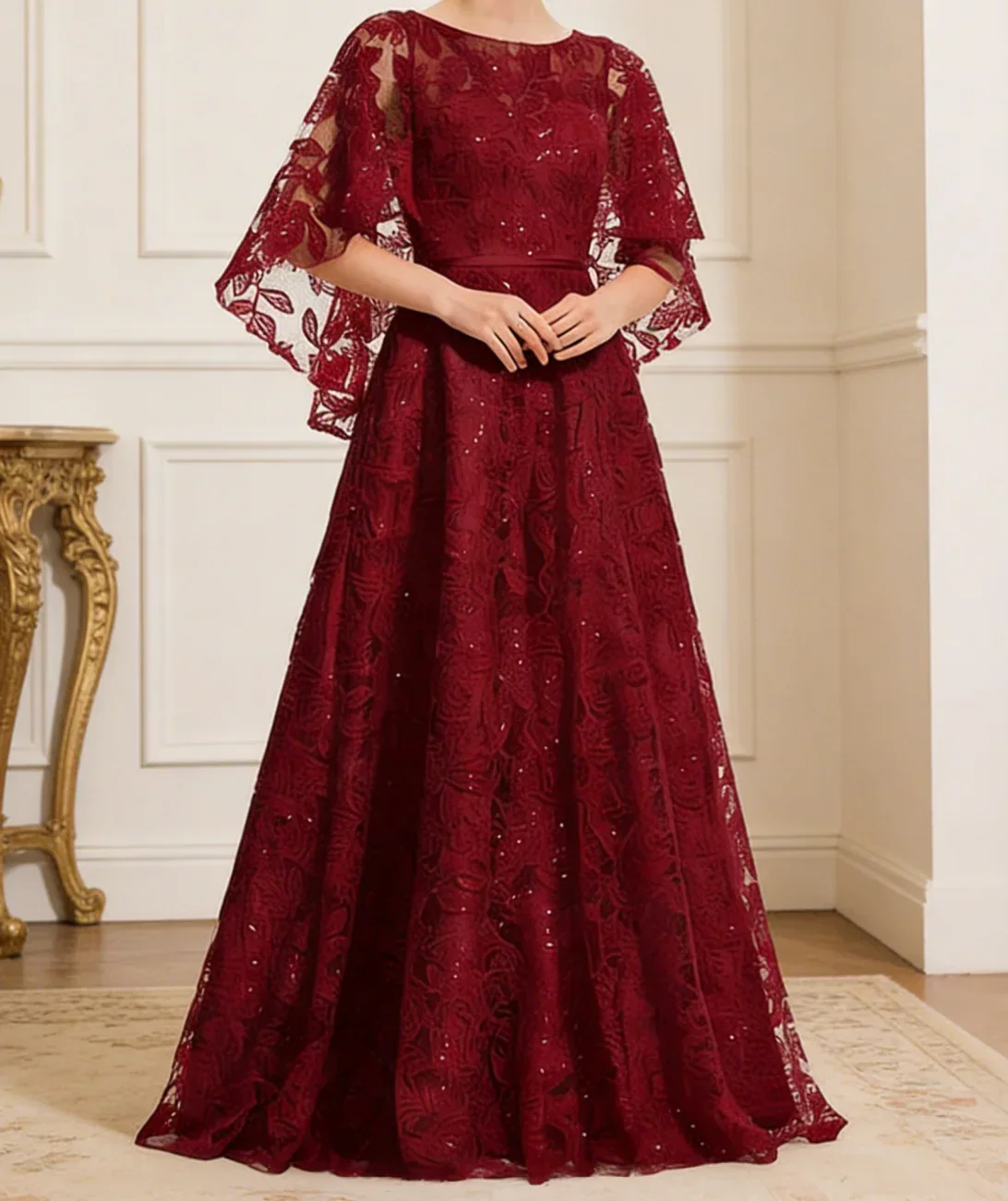 Burgundy Lace Evening Gown With Flutter Sleeves - Image 2