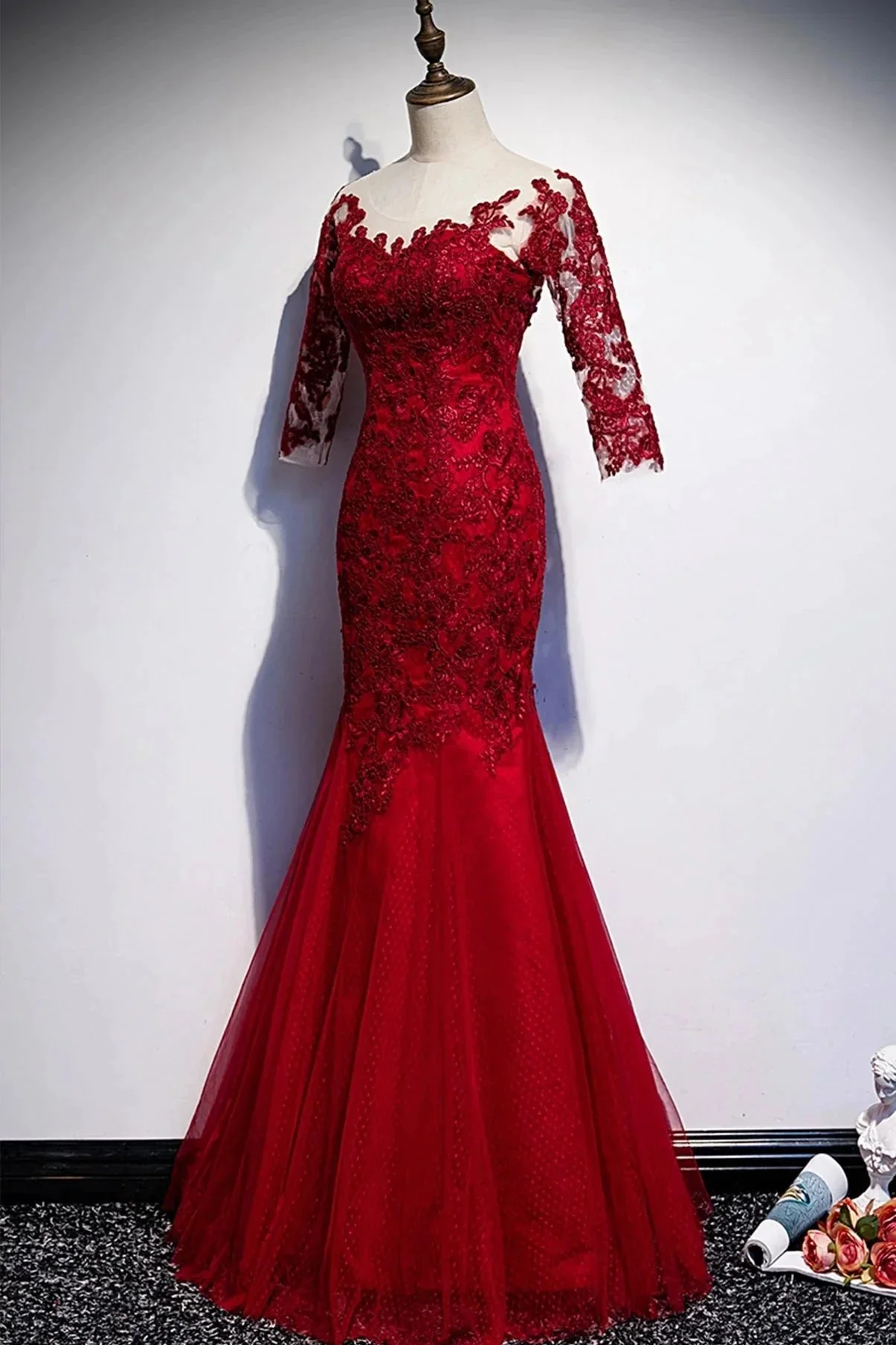 Burgundy lace long prom dress mermaid evening dress s110 - Image 2
