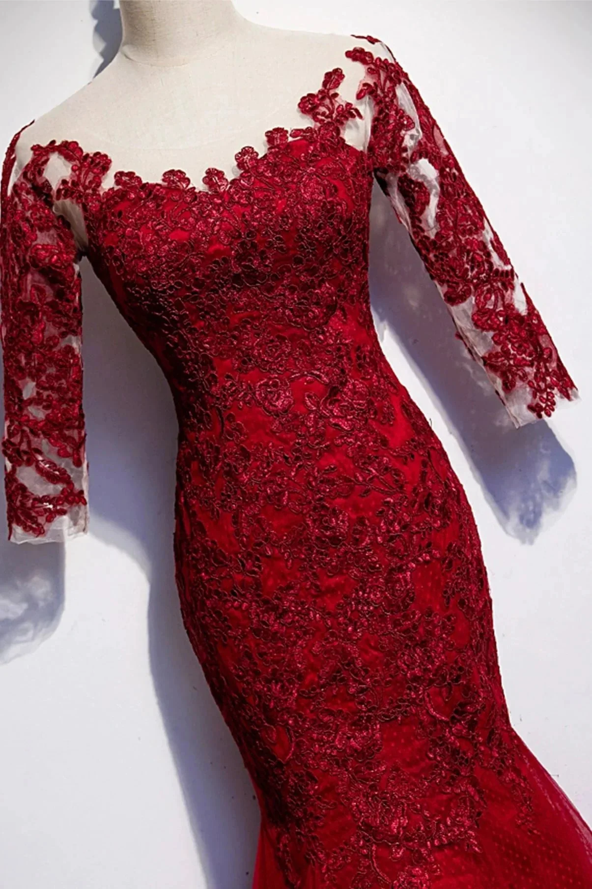 Burgundy lace long prom dress mermaid evening dress s110 - Image 3