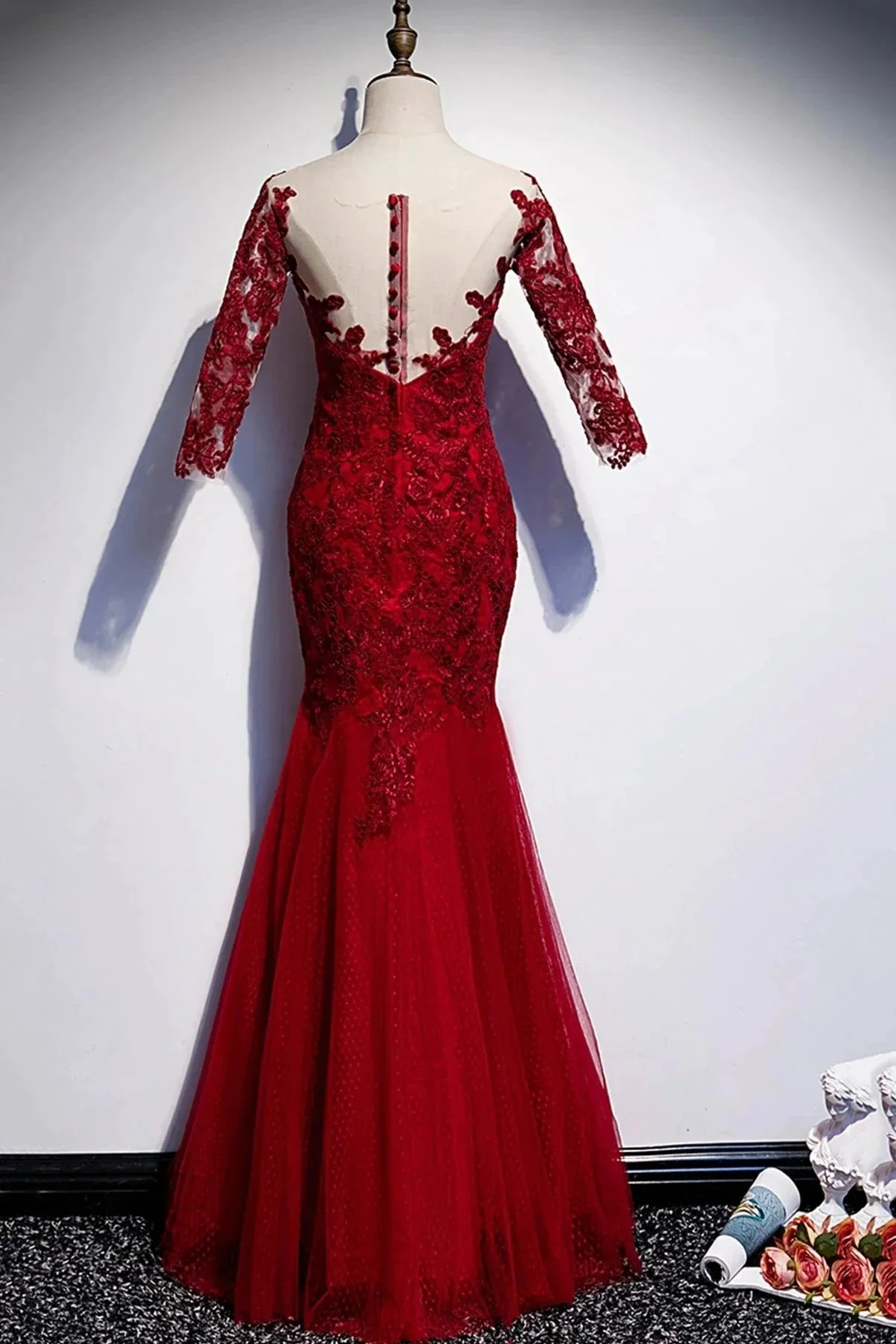 Burgundy lace long prom dress mermaid evening dress s110 - Image 4