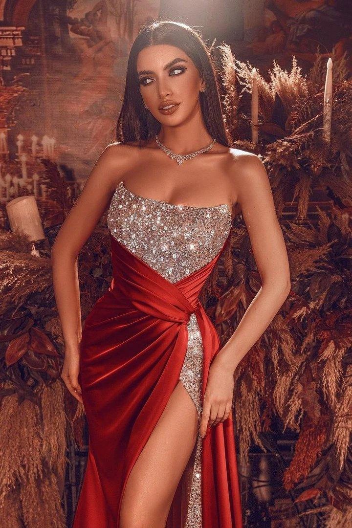 Burgundy Long A-line Strapless Satin Beads Prom Dress with Slit - Image 2