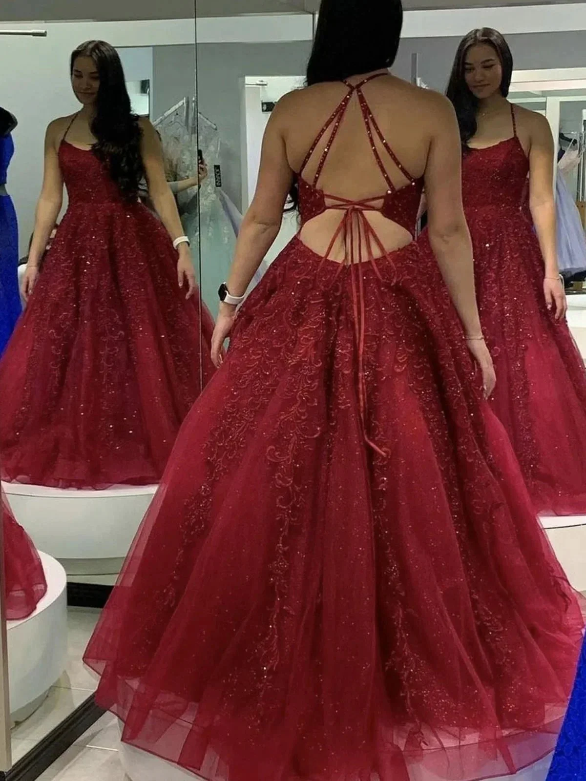 Burgundy Long A-line Tulle Lace Open Back Formal Prom Dress - Image 2
