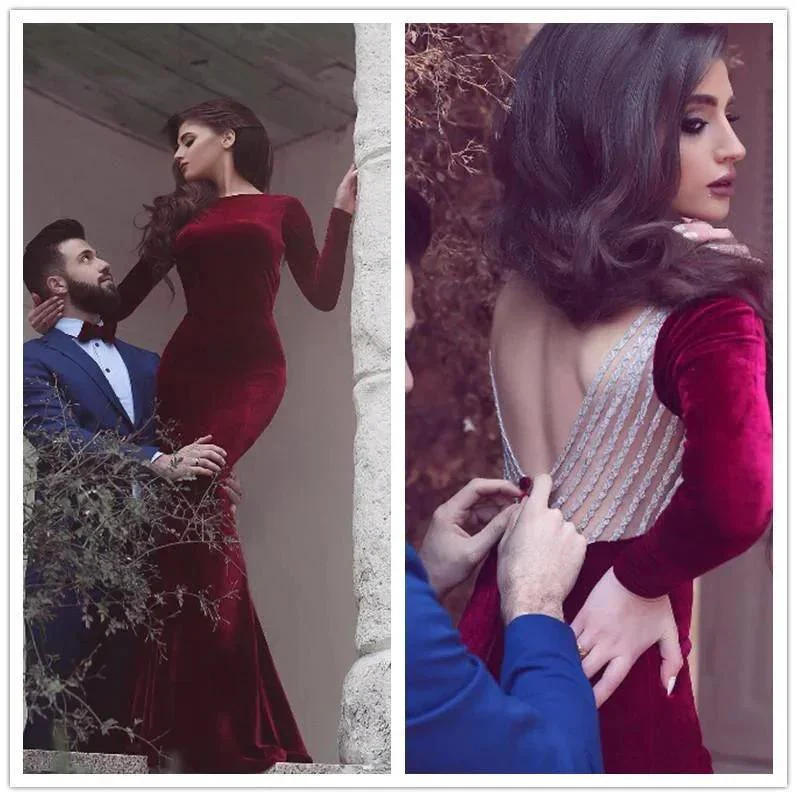 Burgundy Long Mermaid Backless Velvet Formal Prom Dress with Sleeves - Image 2