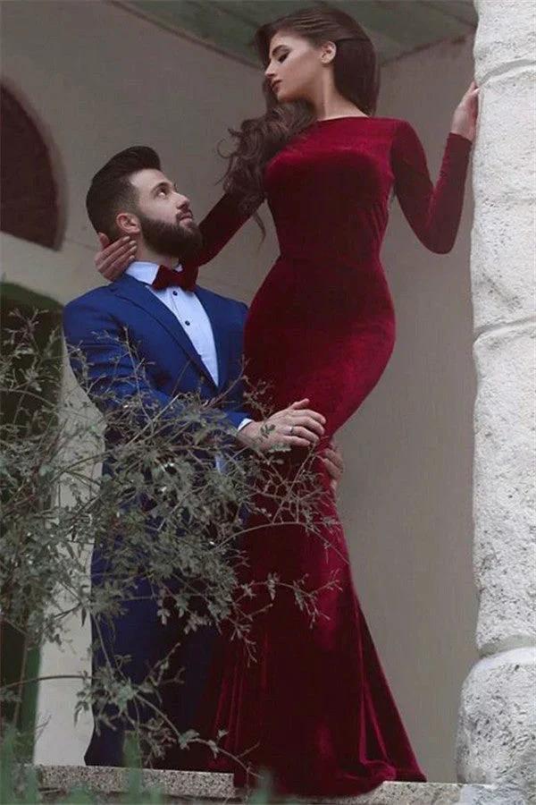 Burgundy Long Mermaid Backless Velvet Formal Prom Dress with Sleeves - Image 3