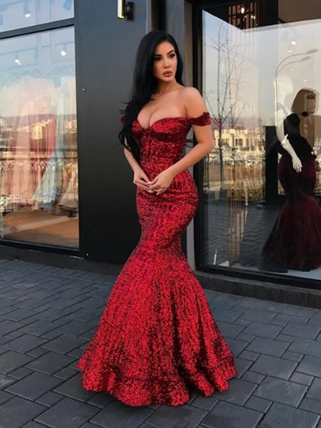 Burgundy Long Mermaid Off the Shoulder Sequins Formal Prom Dress - Image 2